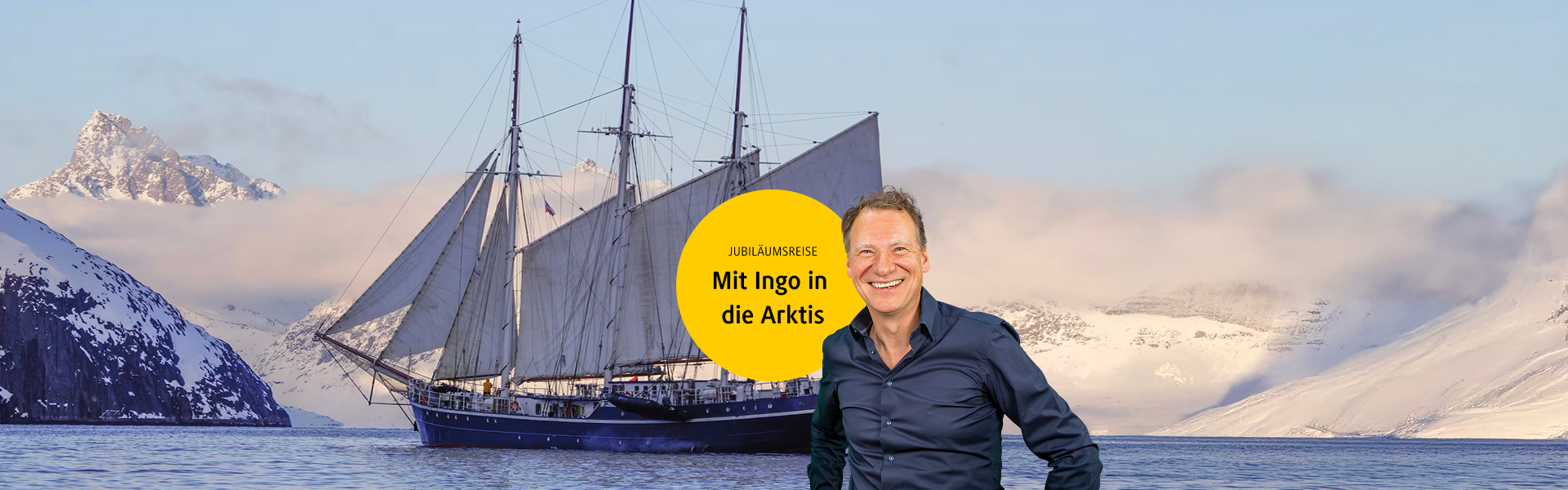 Segelschiff von Arktis-Kulisse, Ingo Lies mit Schriftzug 